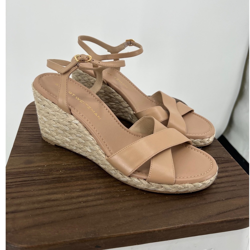 Stuart Weitzman Tan Leather Espadrille Wedge Sandals Size 10.5 Made in Spain NWT - Picture 1 of 9
